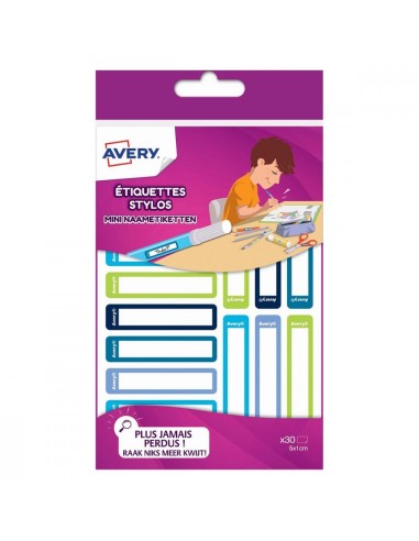 AVERY Blister de 30 Etiquettes Stylos 50x10mm, coloris Bleu/vert, écrire avec un feutre permanent