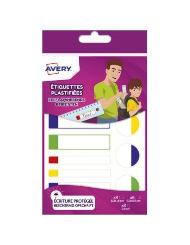 AVERY Sachet de 24 Etiquettes Plastifiées Blanc avec bordure Vert/Bleu/Jaune/Rouge, format assortis