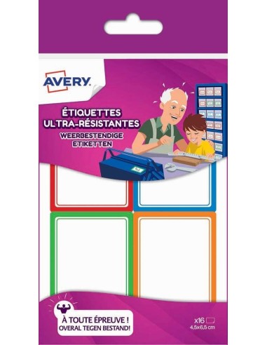 AVERY Sachet de 16 Etiquettes Ultra-Résistantes 44x64mm Blanc avec Bordure Vert/Bleu/Orange/Rouge