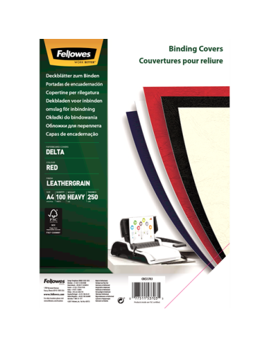 Fellowes - Boîte de 100 plats de couvertures Delta Grain Cuir Certifiées FSC®- A4 - Rouge