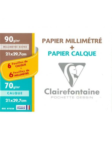 CLAIREFONTAINE Pochette de 12 feuilles 70g 6 feuilles papier millimétré et 6 feuilles calque