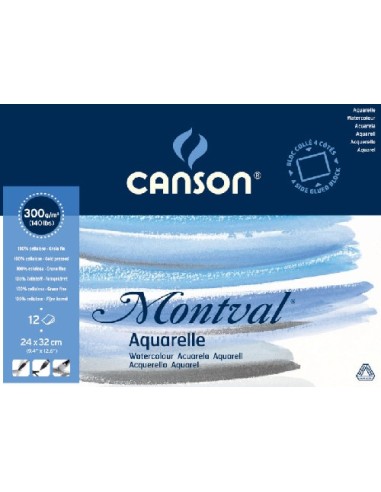 CANSON Bloc 12 feuilles papier aquarelle MONTVAL, collées 4 côtés, 24x32, 300G, grain fin Blanc naturel