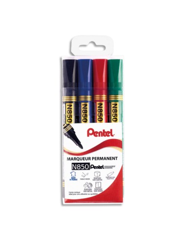 PENTEL Pochette de 4 Marqueurs permanent N850 Pointe ogive - Assortis Noir, Bleu, Rouge, Vert