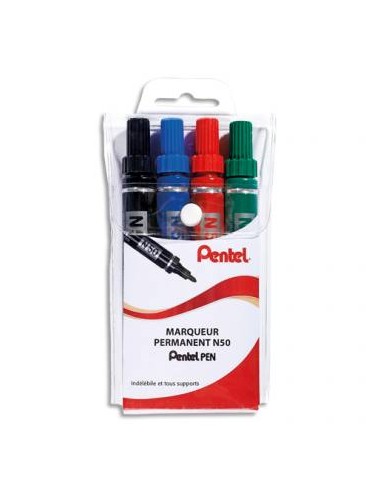 PENTEL Pochette de 4 Marqueurs permanent N50 Pointe ogive - Assortis Noir, Bleu, Rouge, Vert