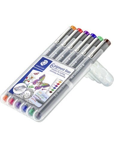 STAEDTLER Etui de 6 feutres pigment liner 308, pointe calibrée baguée métal 0,3mm. Assortis