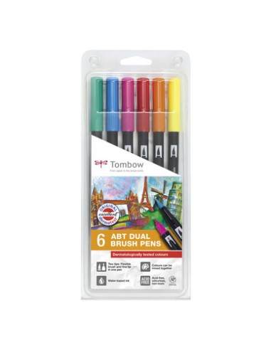 TOMBOW Boîte 6 feutres ABT double pointe (pinceau+fine), assortis couleurs primaires