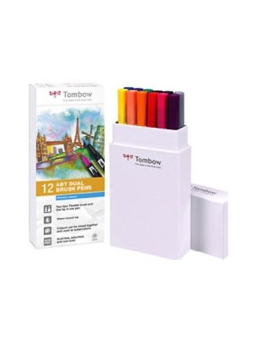 TOMBOW Boîte 12 feutres ABT double pointe (pinceau+fine), assortis couleurs primaires