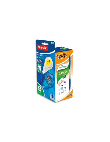 BIC Pack de 12 bille Atlantis pointe moyenne Bleue + 1 Roller de correction Easy Refill 5 mm x 14 m