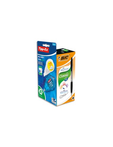 BIC Pack de 12 bille Atlantis pointe moyenne Noire + 1 Roller de correction Easy Refill 5 mm x 14 m