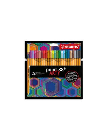 STABILO Etui carton 24 Stylos-feutres Point 88 ARTY, pointe fine grainée de métal, tracé 0,4 mm, assortis