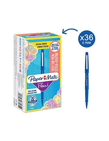 PAPERMATE Boite de 30+6 feutres d'écriture Flair Original pointe moyenne. Encre Bleue