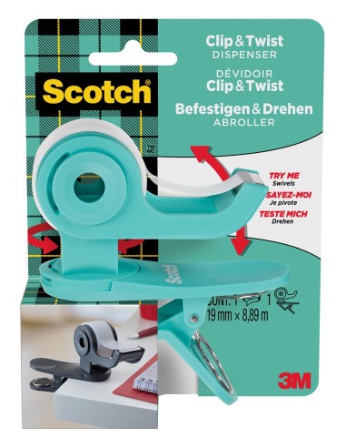 SCOTCH Dévidoir Clip Twist Turquoise. Livré avec un ruban Magic 19 mm x 8,89 m