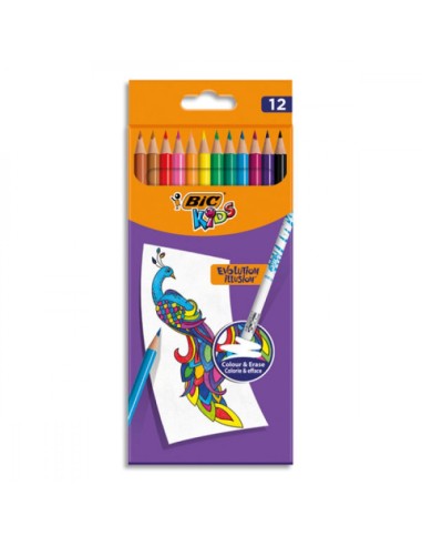 BIC Pochette de 12 Crayons de couleur Kids Evolution Illusion corps rond assortis, effaçable bout gomme