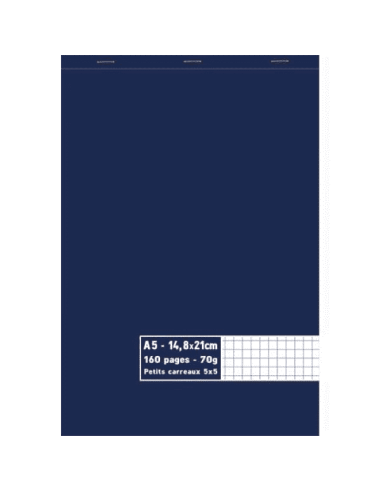 Bloc 70g agrafé en tête 160 pages petits carreaux 5x5. Format A5 14,8 x 21 cm