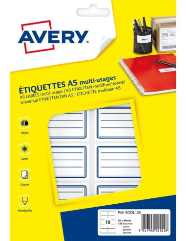 AVERY Pochette de 120 étiquettes cadre Bleu avec lignes, 36x56 mm