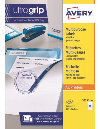 AVERY Boîte de1400 étiquettes Blanches multi usages 105x42.3mm - pour Laser. Jet d'encre et copieur