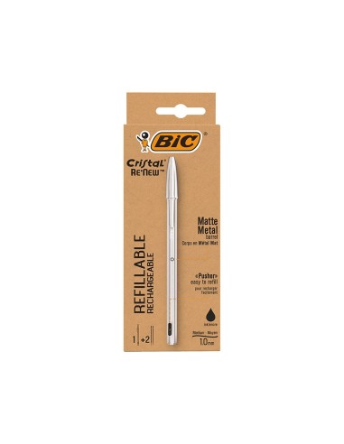 Stylo-bille bic crystal renew corps metal argent capuchon pointe moyenne 1mm rechargeable + 2 recharges noir