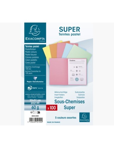 EXACOMPTA Paquet de 100 sous-chemises SUPER 60 en carte 60 grammes coloris assortis pastels