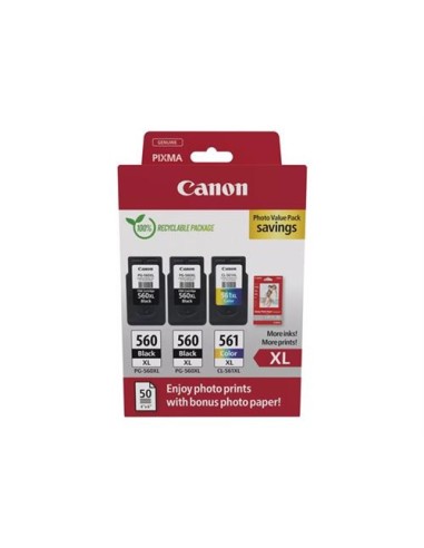 Canon PG-560XL/CL-561XL - GP-501 - 3712C012 - Pack de 3 Cartouches d'Encre + Papier Photo Brillant