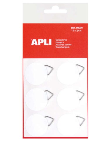 Apli Pack de 12 Colgadores Autoadhesivos Redondos Ø 30mm - Triangulo Metalico de Soporte - Base Adhesiva Blanca - Gran Resistenc